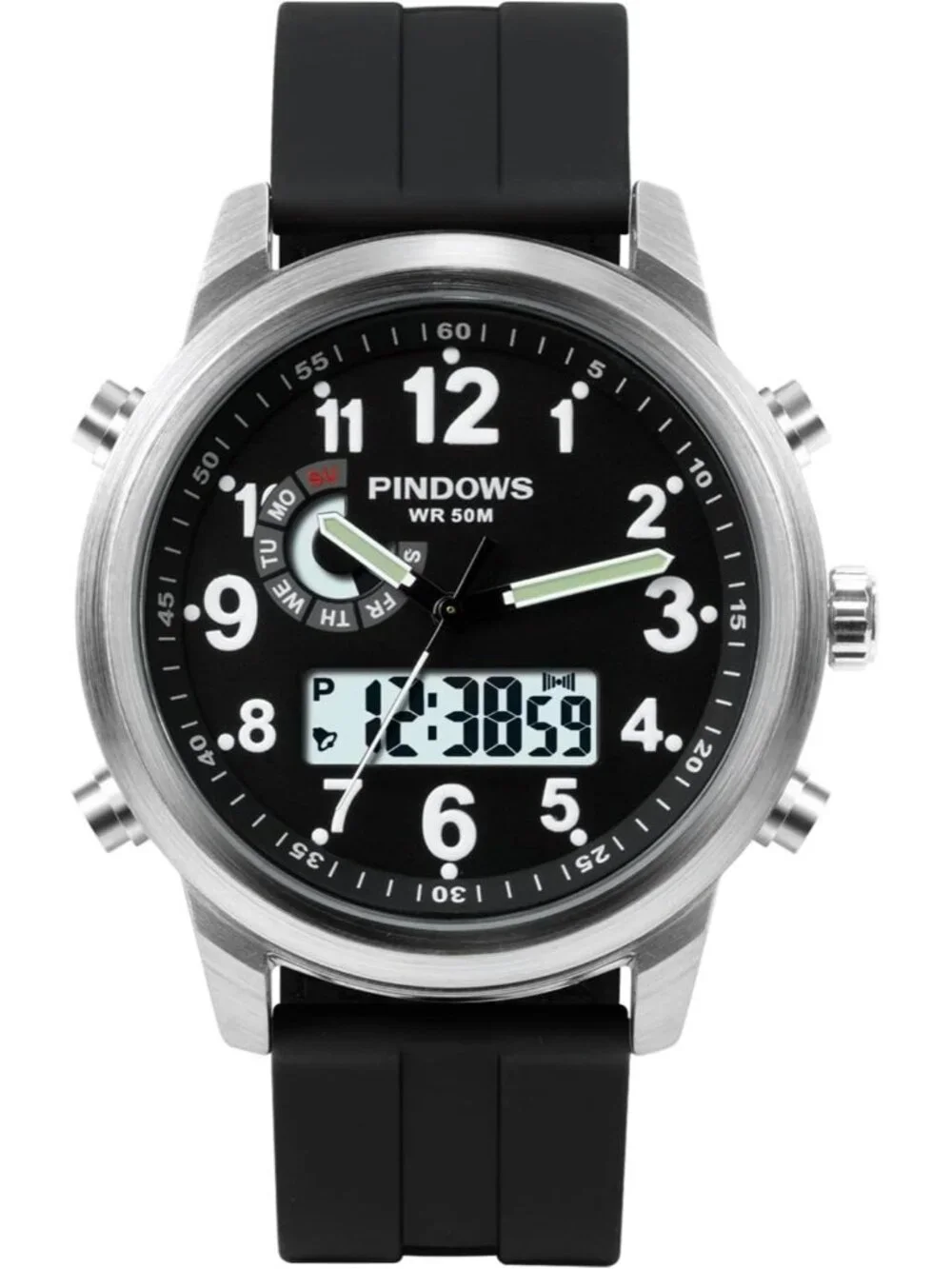 Men's Black Silver Analog Waterproof Military Multifunctional LED Digital Watch